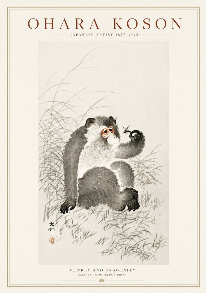 Ohara Koson Monkey and Dragonfly No1 - Plakát