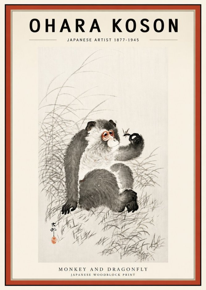Ohara Koson Monkey and Dragonfly No3 - Plakát