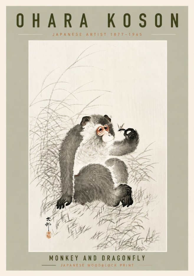 Ohara Koson Monkey and Dragonfly No4 - Plakát