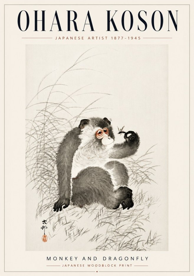 Ohara Koson Monkey and Dragonfly No5 - Plakát