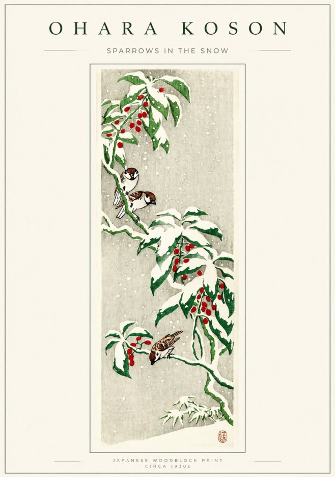 Ohara Koson Sparrows in the Snow No1 - Plakát