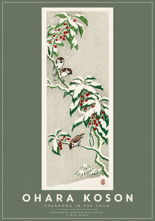 Ohara Koson Sparrows in the Snow No2 - Plakát