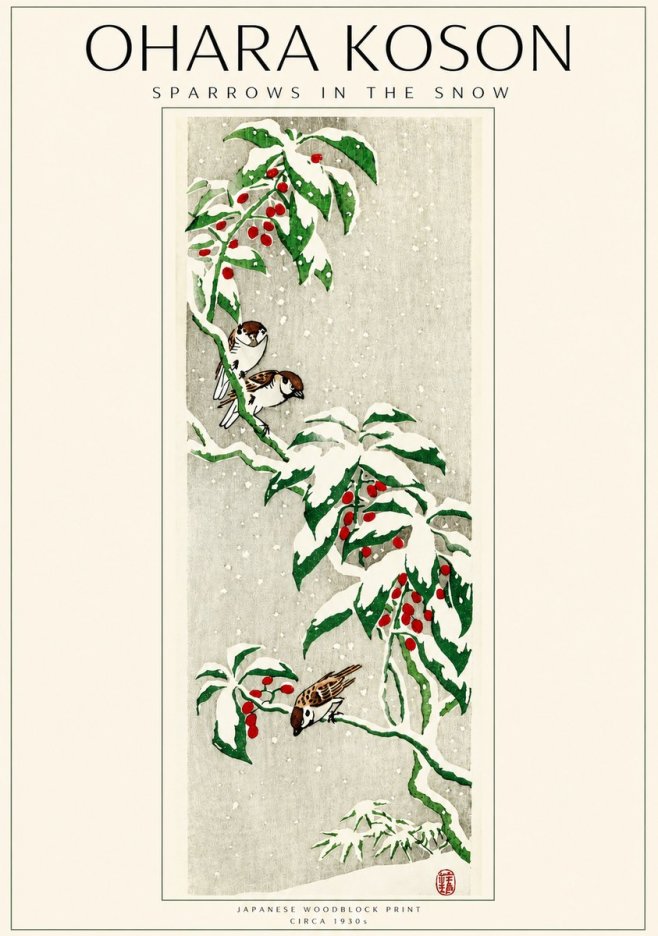 Ohara Koson Sparrows in the Snow No3 - Plakát