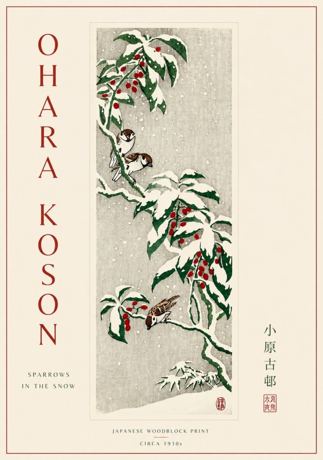 Ohara Koson Sparrows in the Snow No5 - Plakát