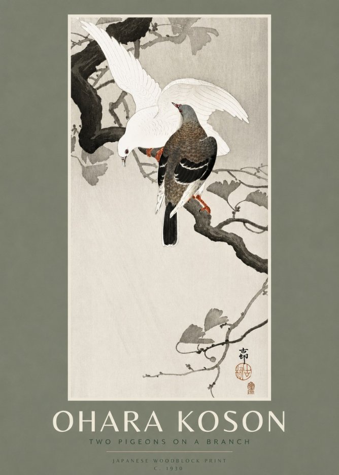 Ohara Koson Two Pigeons on a Branch No2 - Plakát