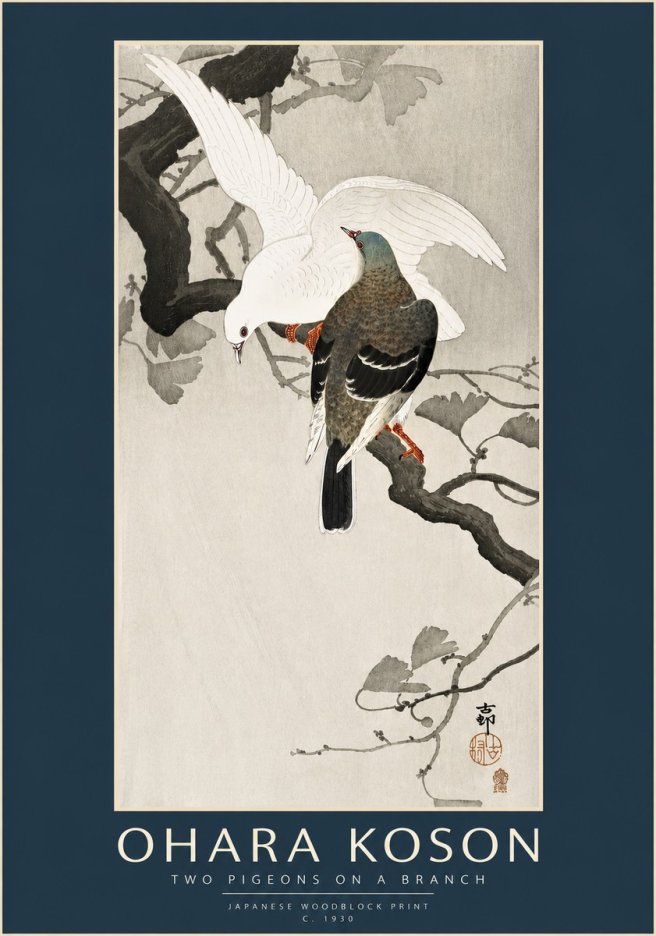 Ohara Koson Two Pigeons on a Branch No3 - Plakát