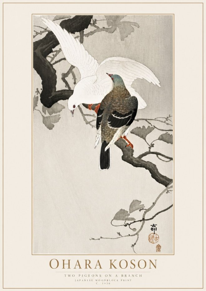 Ohara Koson Two Pigeons on a Branch No4 - Plakát
