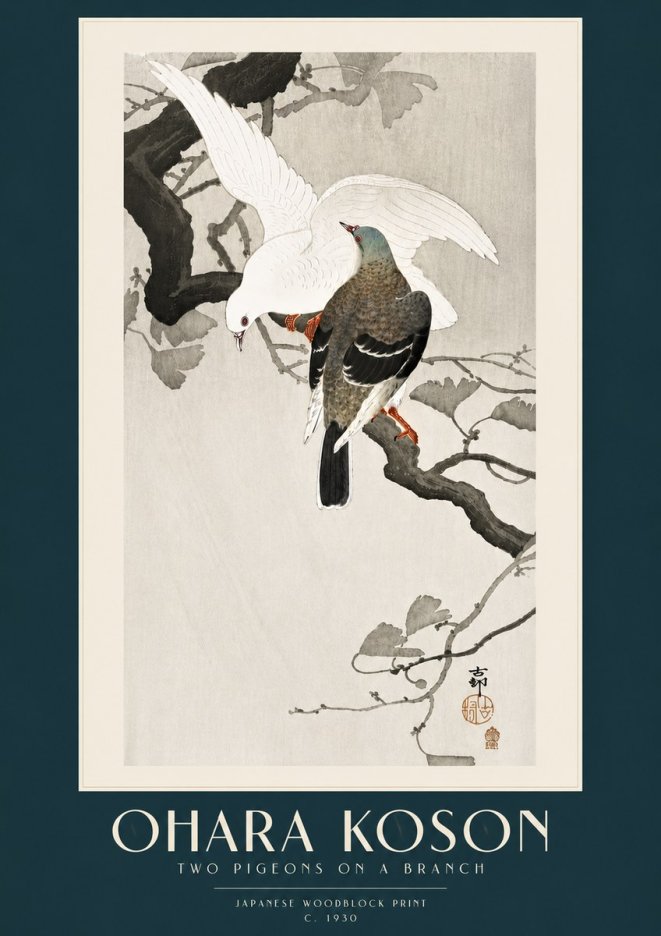Ohara Koson Two Pigeons on a Branch No5 - Plakát