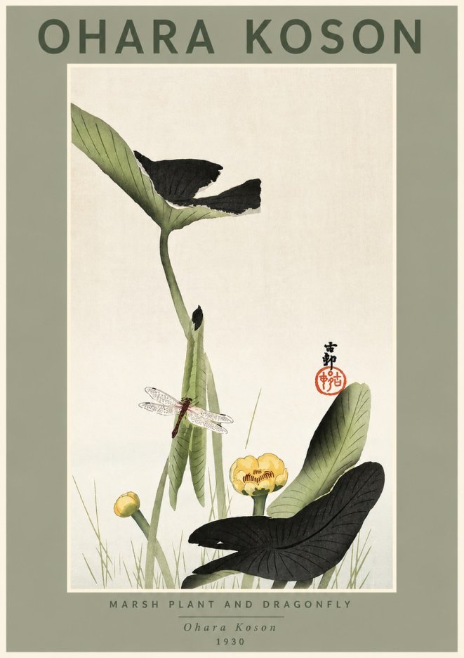 Ohara Koson Marsh Plant and Dragonfly No4 - Plakát