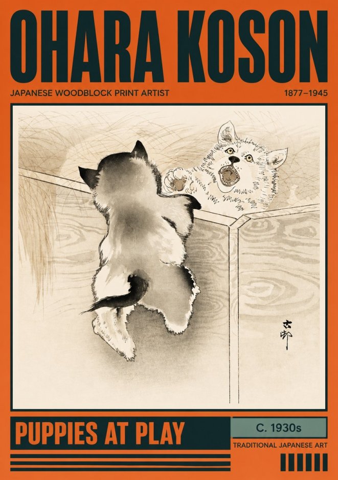Ohara Koson Puppies at Play No2 - Plakát