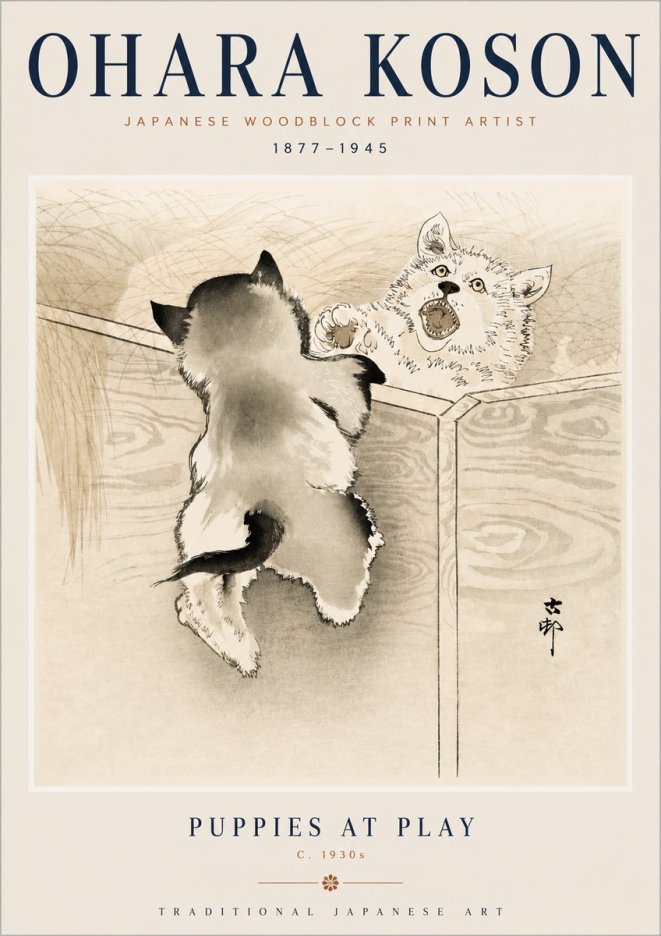 Ohara Koson Puppies at Play No3 - Plakát