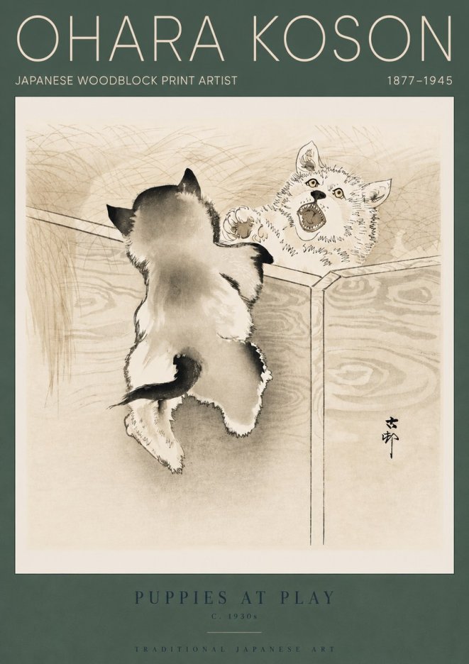 Ohara Koson Puppies at Play No4 - Plakát