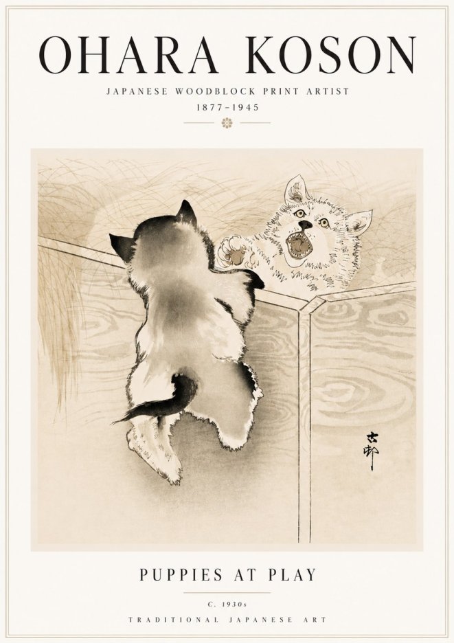 Ohara Koson Puppies at Play No5 - Plakát