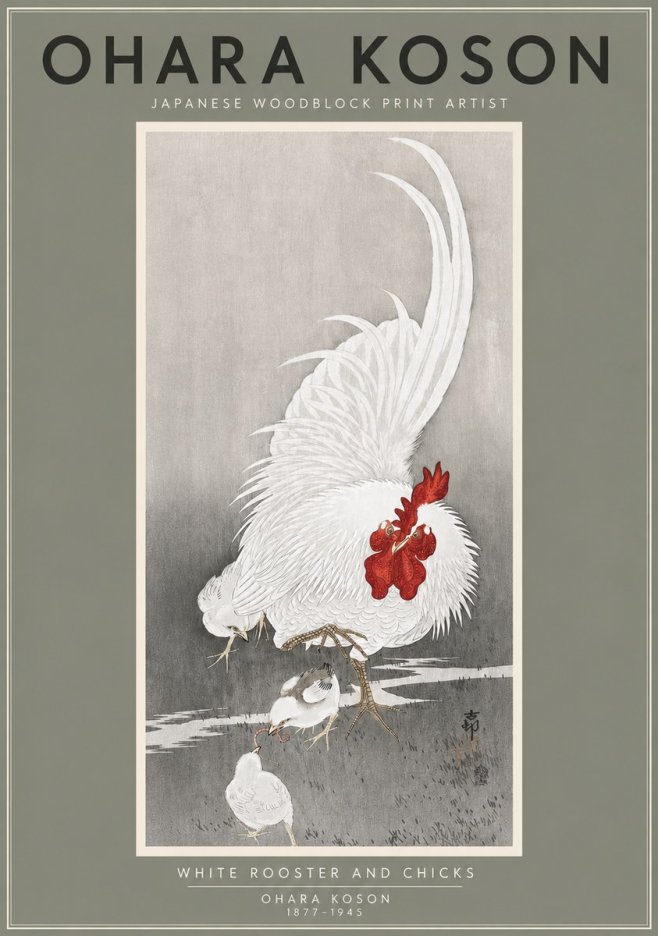 Ohara Koson White Rooster and Chicks No4 - Plakát