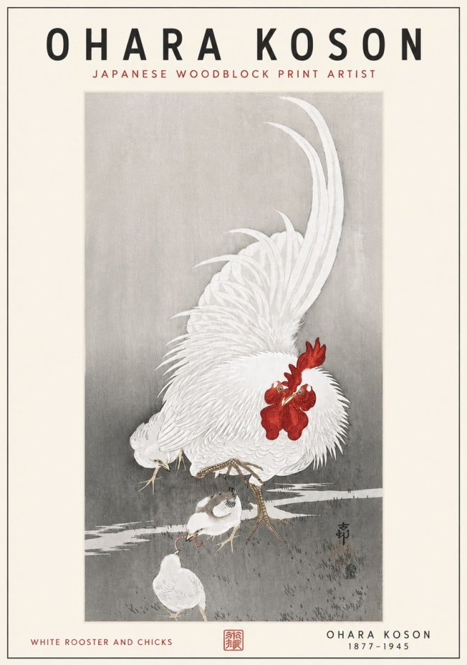 Ohara Koson White Rooster and Chicks No6 - Plakát