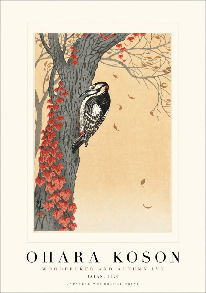 Ohara Koson Woodpecker and Autumn Ivy No1 - Plakát