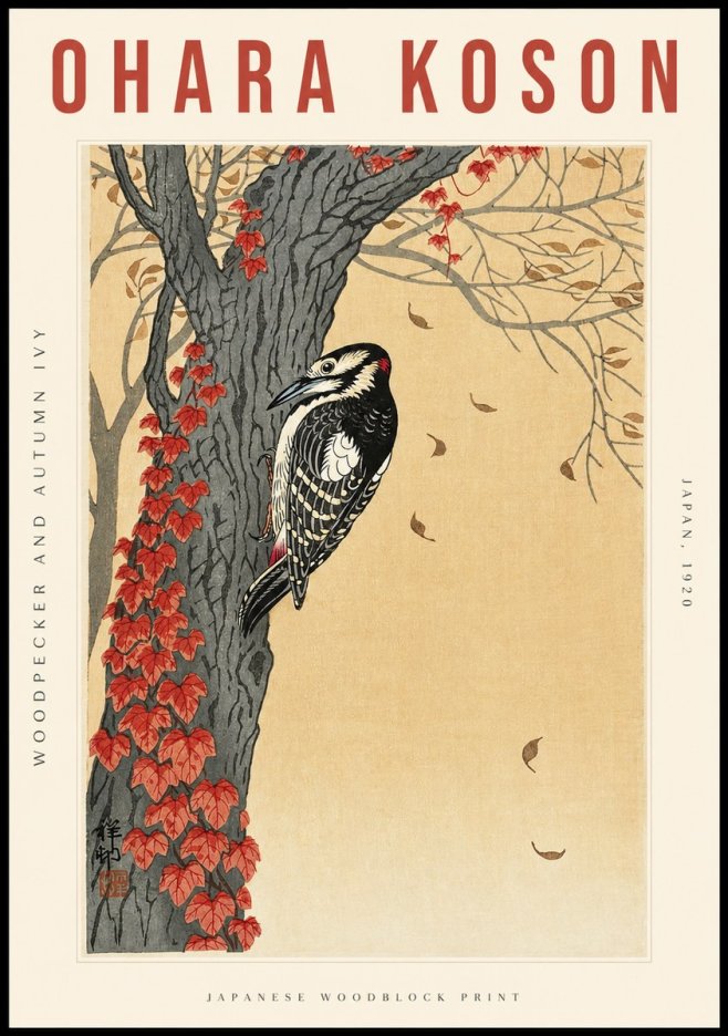 Ohara Koson Woodpecker and Autumn Ivy No2 - Plakát
