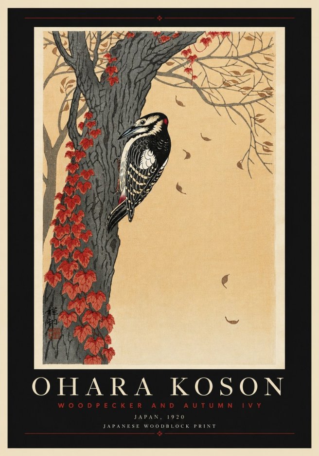 Ohara Koson Woodpecker and Autumn Ivy No6 - Plakát