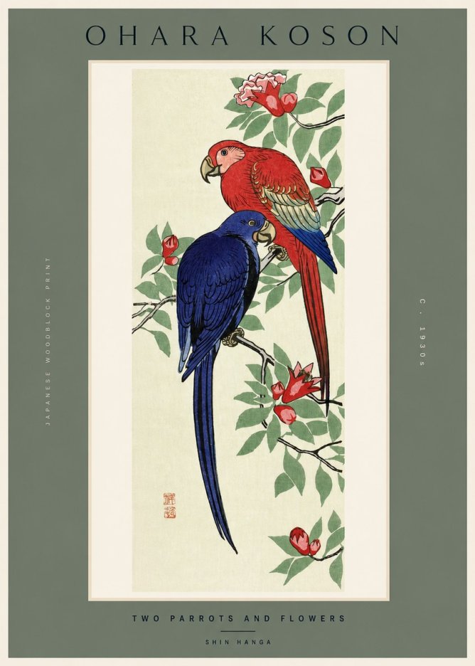Ohara Koson Two Parrots and Flowers No2 - Plakát
