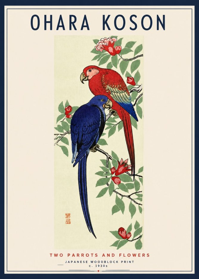 Ohara Koson Two Parrots and Flowers No3 - Plakát