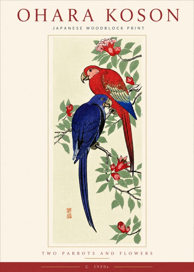 Ohara Koson Two Parrots and Flowers No4 - Plakát