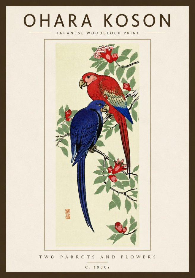 Ohara Koson Two Parrots and Flowers No5 - Plakát
