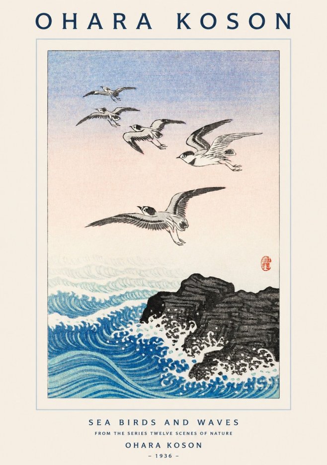 Ohara Koson Sea Birds and Waves No1 - Plakát