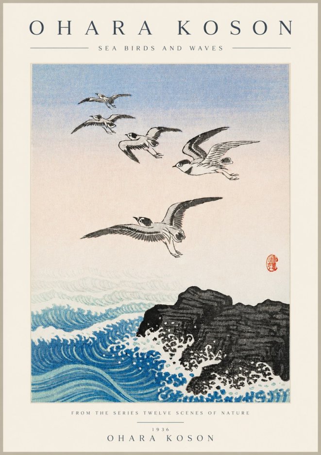 Ohara Koson Sea Birds and Waves No3 - Plakát