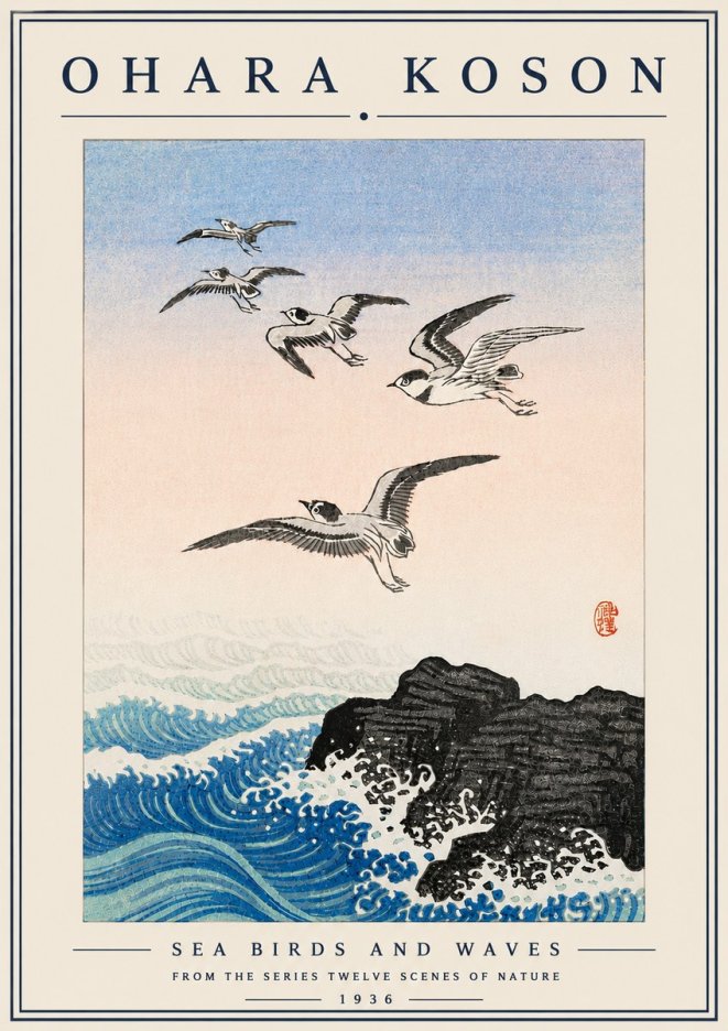Ohara Koson Sea Birds and Waves No6 - Plakát