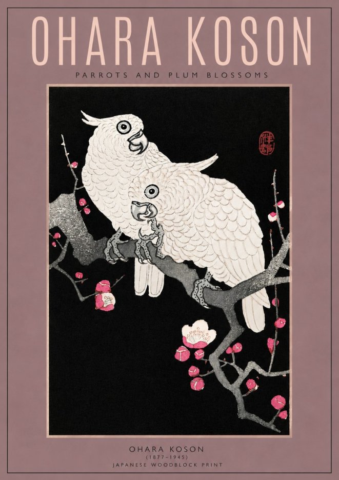 Ohara Koson Parrots and Plum Blossoms No3 - Plakát