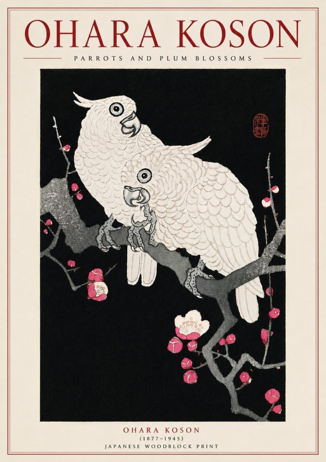 Ohara Koson Parrots and Plum Blossoms No5 - Plakát