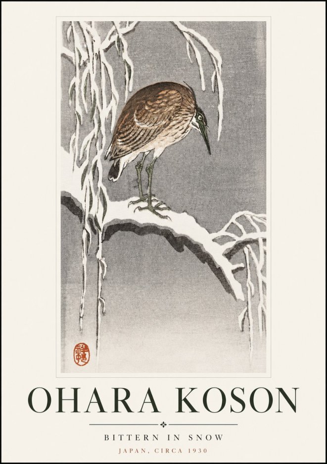 Ohara Koson Bittern in Snow No3 - Plakát