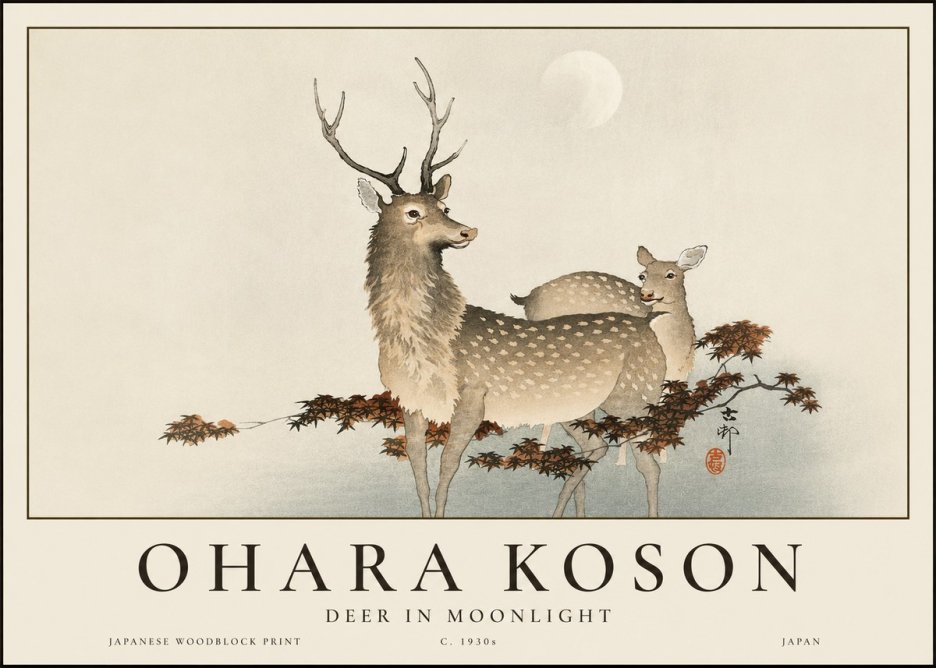 Ohara Koson Deer in Moonlight No3 - Plakát