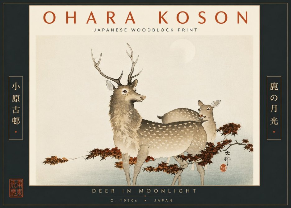 Ohara Koson Deer in Moonlight No6 - Plakát