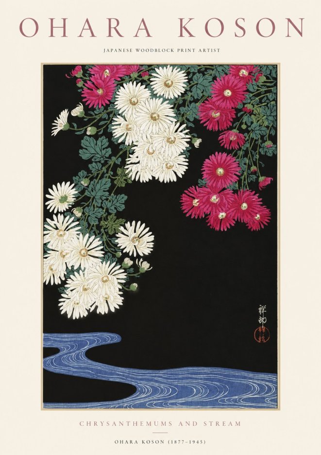 Ohara Koson Chrysanthemums and Stream No1 - Plakát