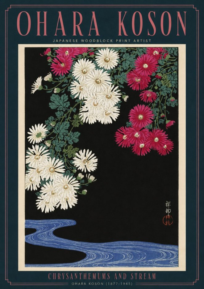Ohara Koson Chrysanthemums and Stream No2 - Plakát