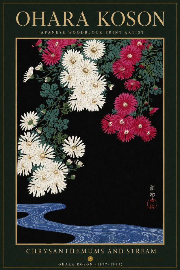 Ohara Koson Chrysanthemums and Stream No6 - Plakát