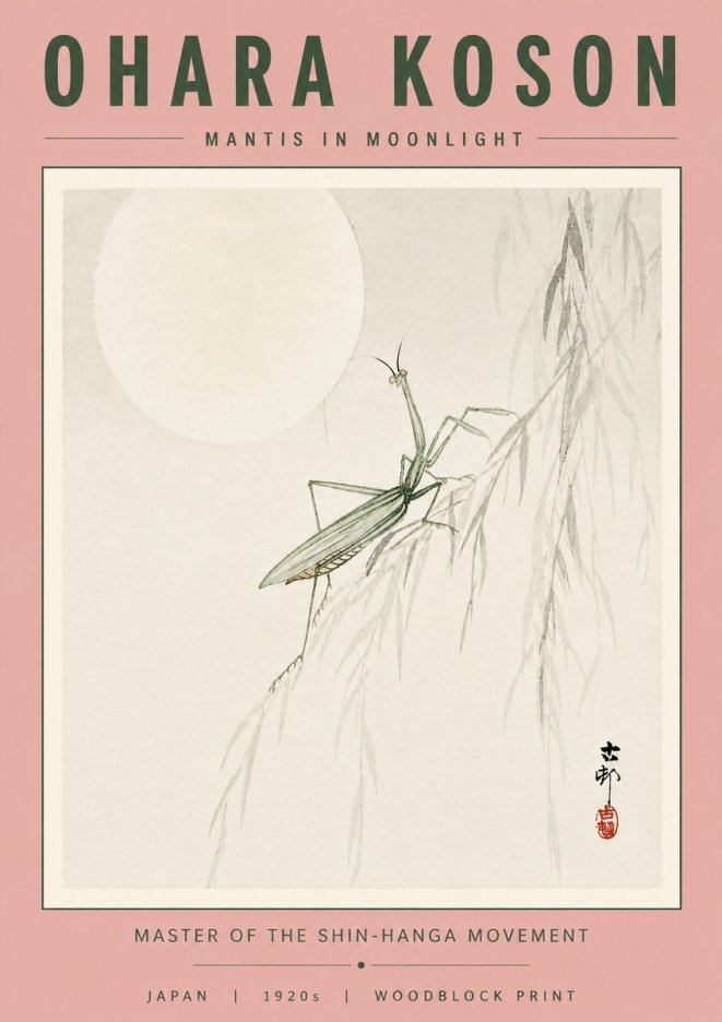 Ohara Koson Mantis in Moonlight No4 - Plakát