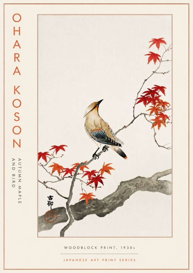 Ohara Koson Autumn Maple and Bird No5 - Plakát