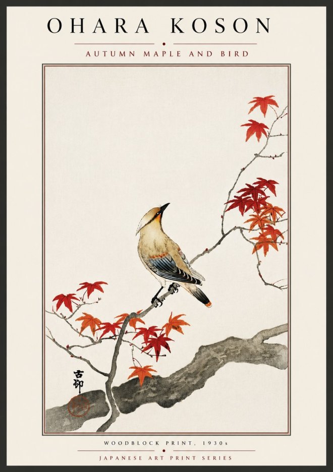 Ohara Koson Autumn Maple and Bird No6 - Plakát