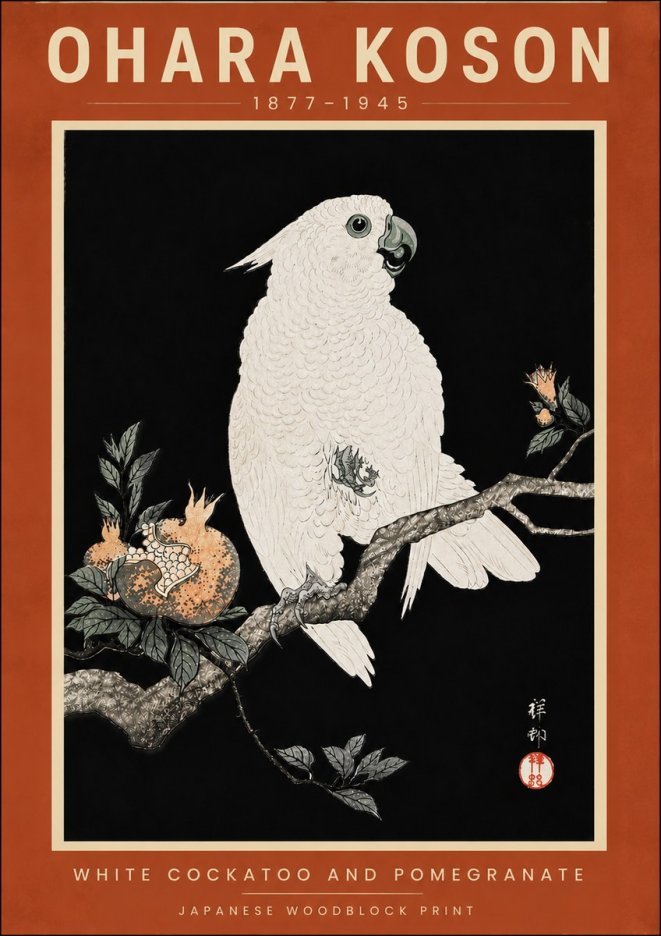 Ohara Koson White Cockatoo and Pomegranate II No6 - Plakát