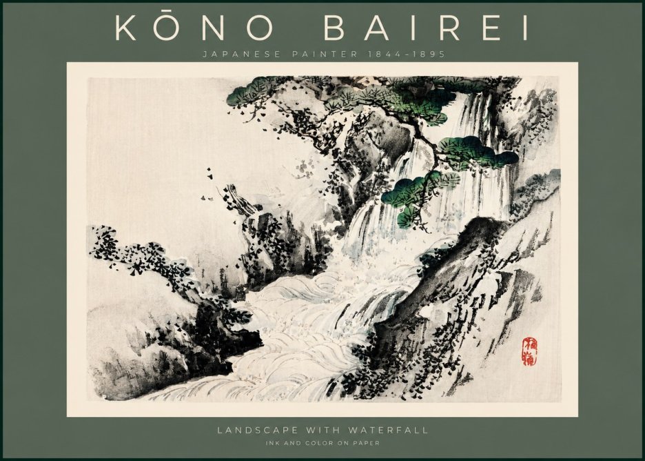Kōno Bairei Landscape with Waterfall No2 - Plakát