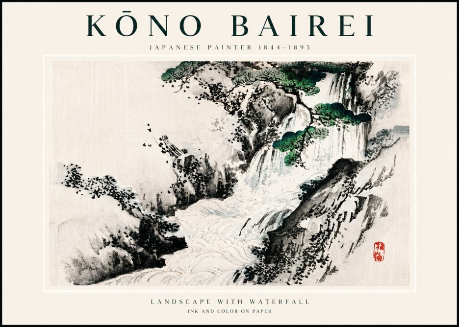 Kōno Bairei Landscape with Waterfall No3 - Plakát
