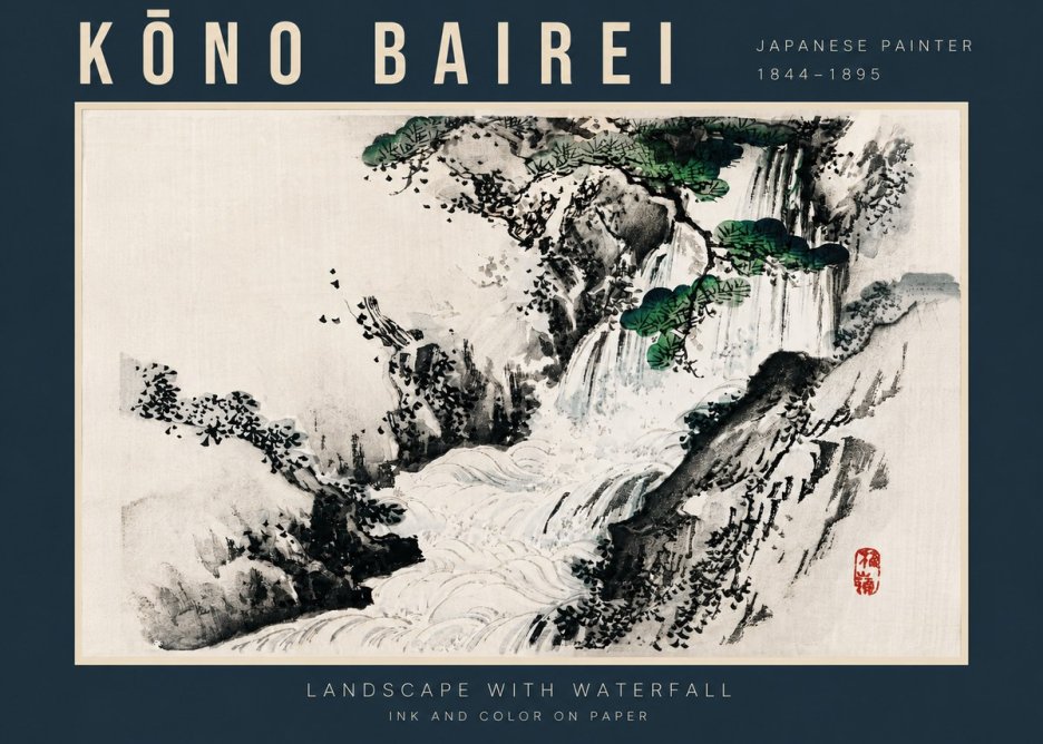 Kōno Bairei Landscape with Waterfall No4 - Plakát