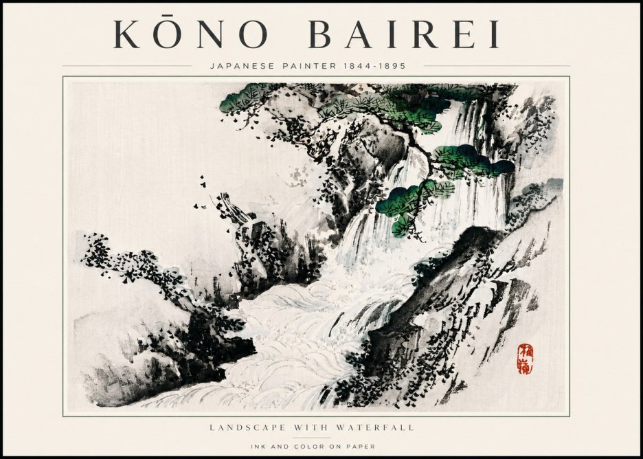 Kōno Bairei Landscape with Waterfall No6 - Plakát