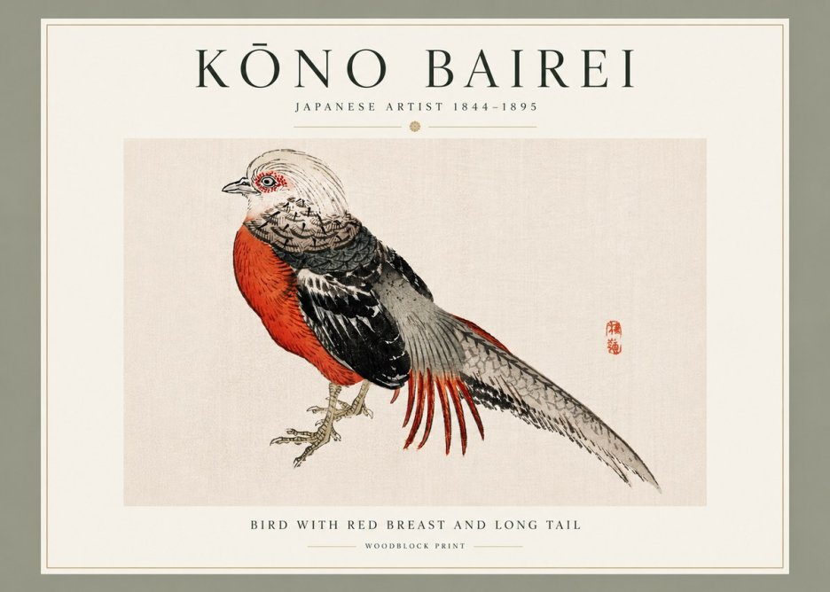 Kōno Bairei Bird with Red Breast and Long Tail No3 - Plakát
