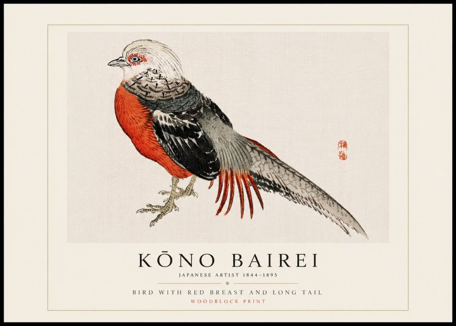 Kōno Bairei Bird with Red Breast and Long Tail No5 - Plakát