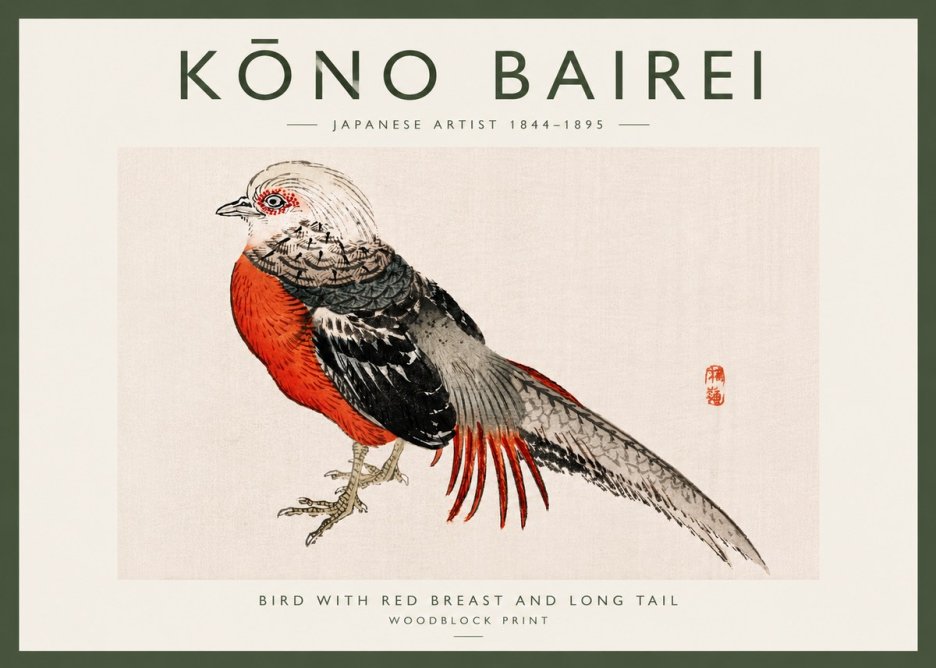 Kōno Bairei Bird with Red Breast and Long Tail No6 - Plakát