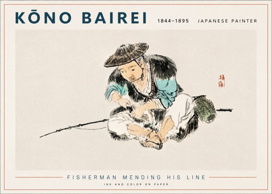 Kōno Bairei Fisherman Mending His Line No3 - Plakát