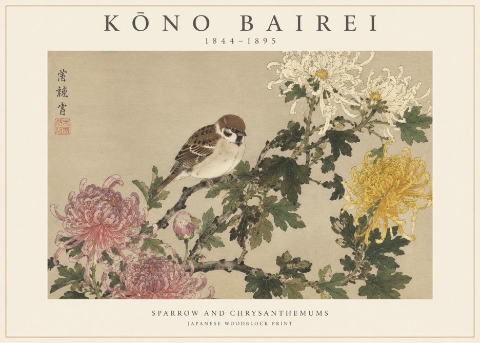 Kōno Bairei Sparrow and Chrysanthemums No1 - Plakát